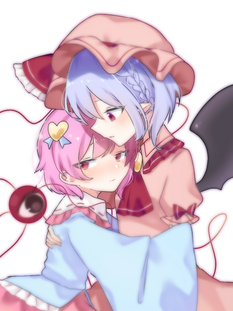 2girls ascot bangs bat_wings black_wings blue_shirt blush bow braid closed_mouth collared_dress dress eringi_(rmrafrn) eyebrows_visible_through_hair frilled_bow frilled_shirt frilled_shirt_collar frills hair_between_eyes hair_ornament hat hat_bow heart heart_hair_ornament hug komeiji_satori long_sleeves mob_cap multiple_girls nose_blush parted_lips pink_dress pink_hair pink_hat profile puffy_short_sleeves puffy_sleeves purple_hair red_bow red_eyes red_neckwear remilia_scarlet shirt short_sleeves simple_background sleeves_past_fingers sleeves_past_wrists third_eye touhou white_background wings