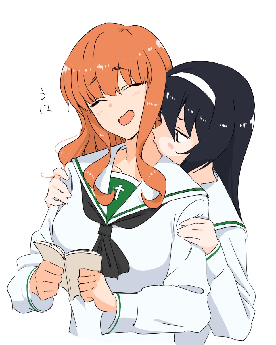 2girls bangs black_hair black_neckwear blush book brown_eyes closed_eyes collarbone commentary cropped_torso eyebrows_visible_through_hair girls_und_panzer hairband highres holding holding_book long_hair long_sleeves looking_at_another multiple_girls ooarai_school_uniform open_book open_mouth orange_hair reizei_mako sailor_collar school_uniform shimo_gatake sketch smile takebe_saori upper_body white_background white_hairband yuri