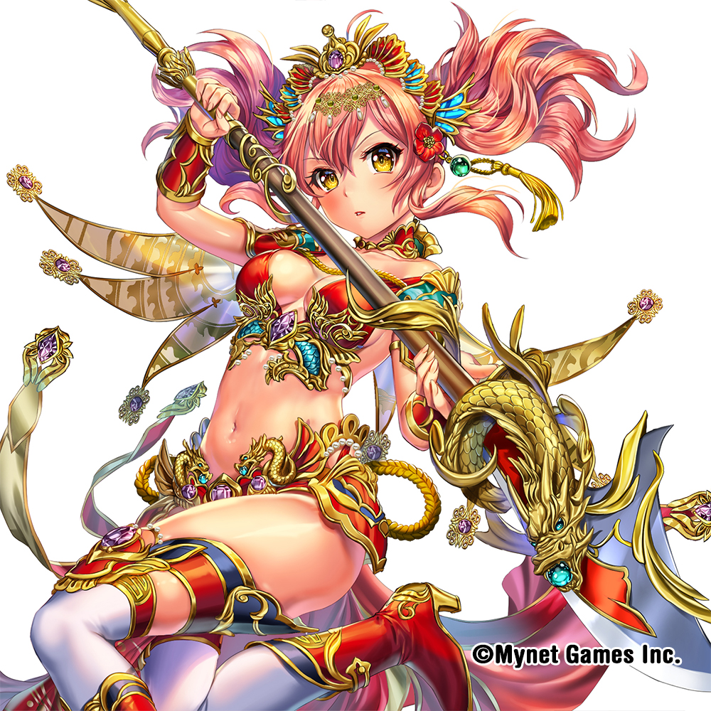1girl bare_shoulders blush boots breasts brown_eyes circlet company_name esphy flower hair_flower hair_ornament holding_polearm looking_at_viewer navel official_art pink_hair red_footwear sangoku_infinity small_breasts solo thigh-highs twintails white_background white_legwear