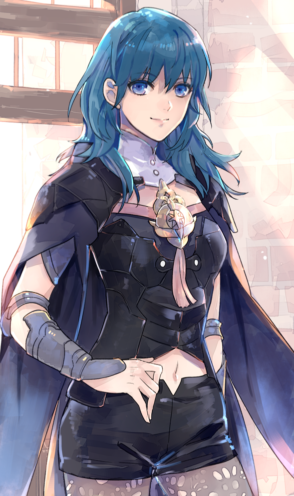 1girl arm_at_side armor bangs black_cape black_shorts blue_eyes blue_hair byleth cape closed_mouth cowboy_shot elbow_pads eyebrows_visible_through_hair fire_emblem:_three_houses gate grey_legwear hand_on_hip legwear_under_shorts long_hair looking_at_viewer navel pantyhose print_legwear short_shorts shorts shoulder_armor smile solo sunlight tassel tomoaki_(coconon) vambraces