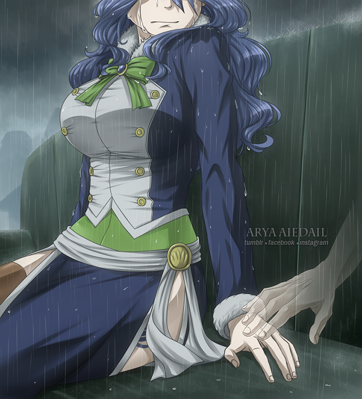 artist_name arya-aiedail blue_hair blue_skirt breasts brown_legwear clouds cloudy_sky crying fairy_tail fur-trimmed_sleeves fur_trim green_neckwear head_out_of_frame juvia_lockser large_breasts long_hair long_sleeves outdoors rain shiny shiny_hair side_slit sitting skirt sky tears thigh-highs watermark