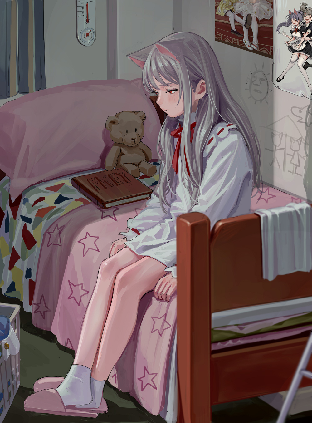 1girl animal_ears artist_name bed bed_sheet blush cat_ears feiqizi_(fkey) fkey full_body highres indoors lace-trimmed_collar legs_crossed long_hair long_sleeves looking_down on_bed original pillow poster_(object) red_eyes red_ribbon ribbon shirt silver_hair sitting sitting_on_bed slippers socks solo stuffed_animal stuffed_toy teddy_bear white_legwear white_shirt