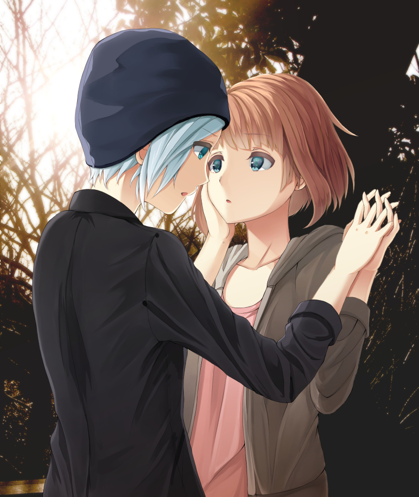 1girl 2girls beanie black_jacket blue_eyes blue_hair brown_hair brown_hoodie chloe_price collarbone commentary_request day eyebrows_visible_through_hair from_behind hand_holding hand_on_another's_cheek hand_on_another's_face hat hood hoodie jacket kotomiracle life_is_strange looking_at_another max_caulfield multiple_girls outdoors parted_lips pink_shirt shirt short_hair tree yuri