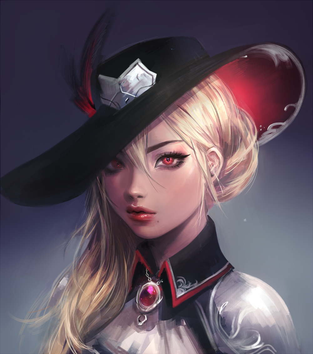 1girl blonde_hair commentary commission cowboy_hat english_commentary eyebrows eyelashes eyeliner hair_over_shoulder hat hat_feather hat_over_one_eye lips lipstick makeup mole mole_under_mouth nose original portrait red_eyes solo viorie