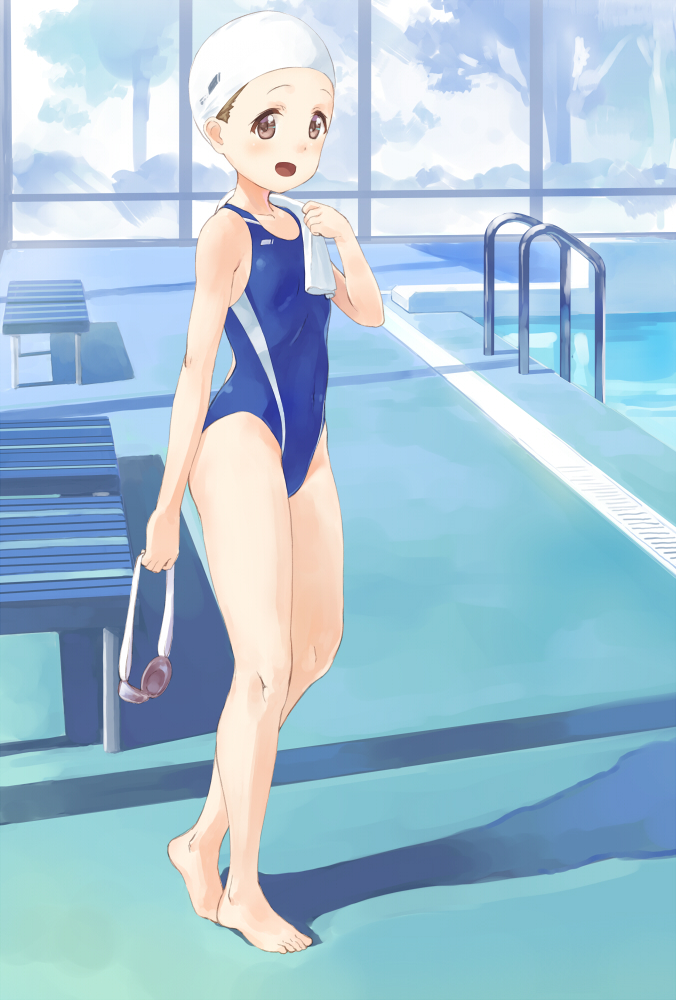 1girl barefoot bench blue_eyes blue_swimsuit brown_hair commentary_request competition_swimsuit eichisu full_body holding_goggles indoors one-piece_swimsuit open_mouth original pool pool_ladder poolside shadow smile solo swim_cap swimsuit white_swimcap