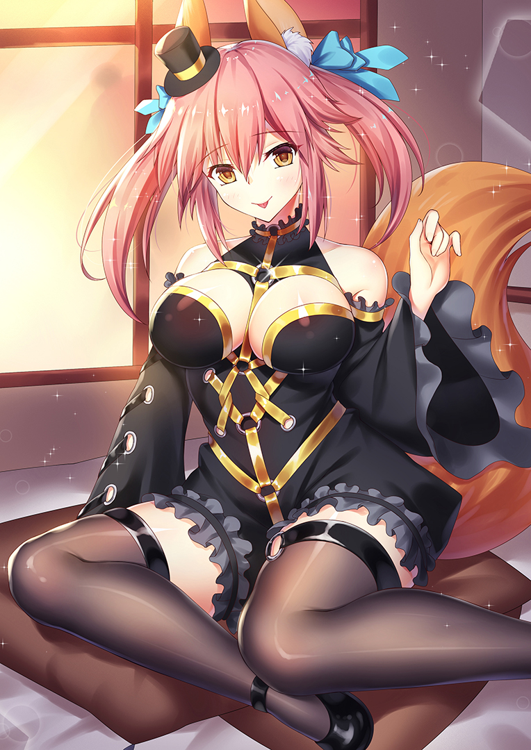 1girl animal_ears bangs bare_shoulders black_dress black_footwear black_hat black_legwear blush bow breasts cleavage detached_sleeves dress fate/grand_order fate_(series) fox_ears fox_tail hair_bow hair_ribbon hat large_breasts light_particles long_hair looking_at_viewer mini_hat open_mouth pink_hair ribbon sidelocks sitting smile solo tail tamamo_(fate)_(all) tamamo_no_mae_(fate) thigh-highs tongue tongue_out twintails wide_sleeves yellow_eyes yokozuwari zha_yu_bu_dong_hua