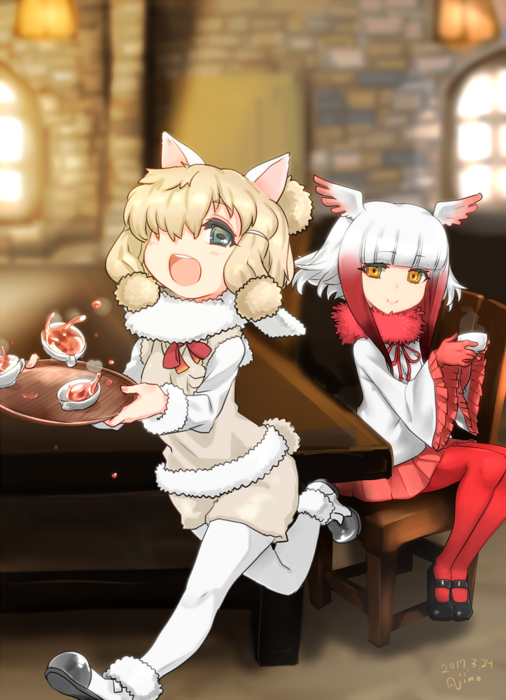 2girls ajino_(sakanahen) alpaca_ears alpaca_suri_(kemono_friends) alpaca_tail animal_ears artist_name bangs bird_wings blonde_hair blouse blunt_bangs blurry blurry_background bodystocking breast_pocket chair closed_mouth cup dated day drink eyebrows_visible_through_hair frilled_sleeves frills fur-trimmed_footwear fur-trimmed_sleeves fur_collar fur_scarf fur_trim gloves green_eyes hair_bun hair_over_one_eye hands_up head_wings holding holding_cup holding_tray horizontal_pupils indoors japanese_crested_ibis_(kemono_friends) kemono_friends legs_together long_hair long_sleeves looking_at_another mary_janes medium_hair multicolored_hair multiple_girls neck_ribbon open_mouth orange_eyes pantyhose pleated_skirt pocket red_gloves red_legwear red_neckwear redhead ribbon running scarf shoes shorts sitting skirt smile spilling steam sweater_vest table tail tray upper_teeth white_blouse white_hair white_scarf wide_sleeves window wings