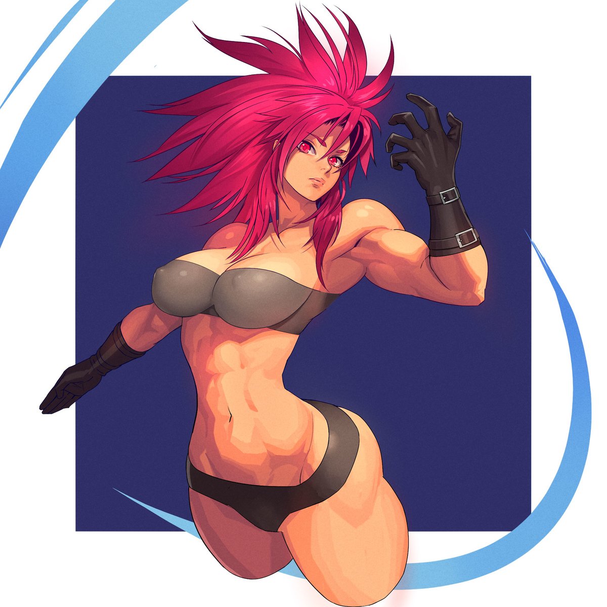 1girl abs alternate_hairstyle armpits biceps big_hair bikini_bottom breasts commentary_request covered_nipples cropped_legs erect_nipples eyebrows_visible_through_hair gloves hair_between_eyes hand_up highres impossible_clothes large_breasts leona_heidern long_hair looking_at_viewer messy_hair muscle muscular_female ogami pink_eyes pink_hair snk solo the_king_of_fighters