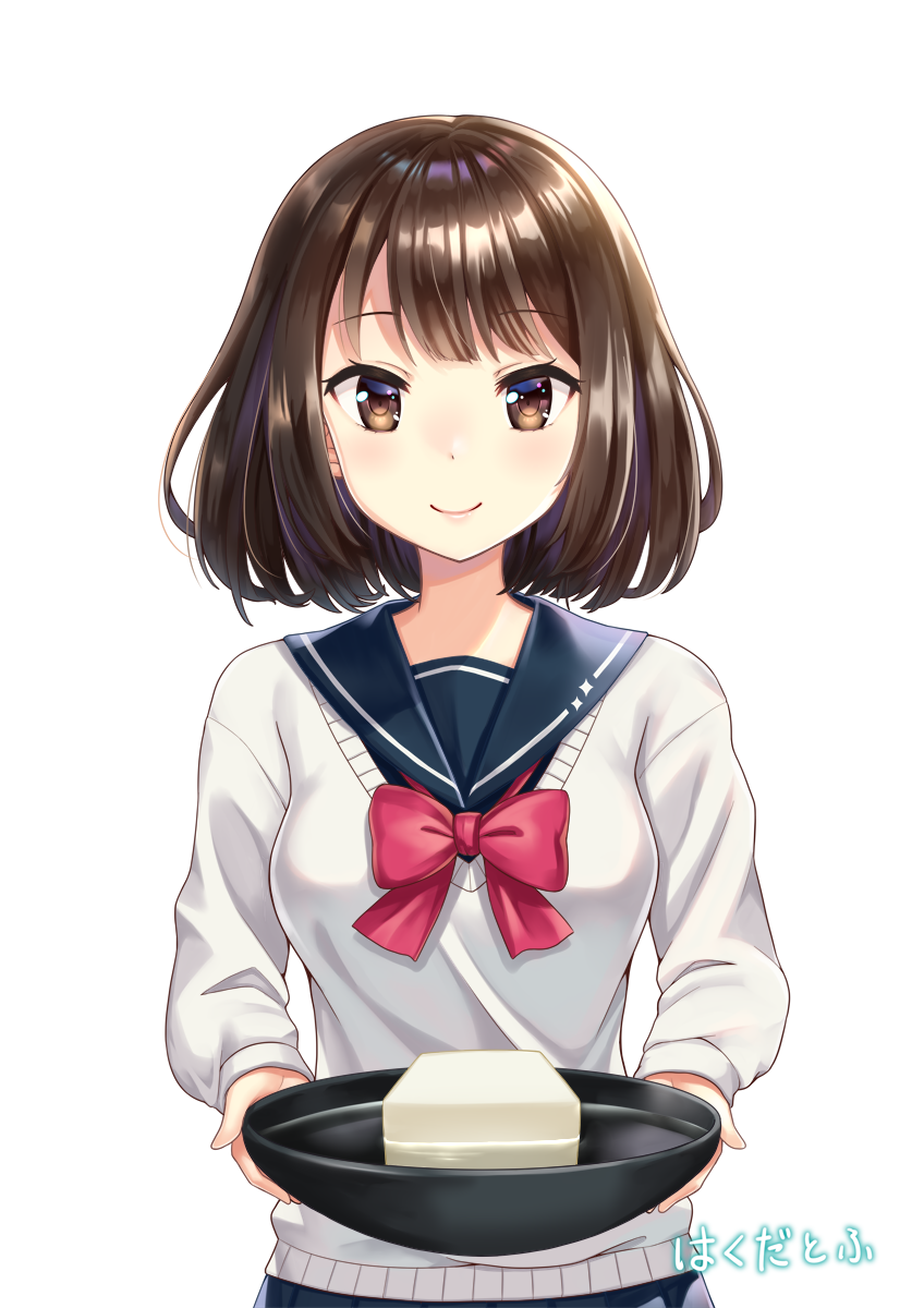 1girl bangs blue_sailor_collar blue_skirt blush bow brown_eyes brown_hair closed_mouth eyebrows_visible_through_hair food hakuda_tofu highres holding long_sleeves original pleated_skirt red_bow sailor_collar school_uniform serafuku simple_background skirt sleeves_past_wrists smile solo sweater tofu translated water white_background white_sweater