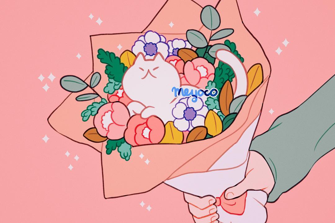 animal artist_name bouquet cat closed_eyes flower hands holding holding_bouquet leaf long_sleeves meyoco no_humans original pink_background pink_flower simple_background sparkle white_cat white_flower