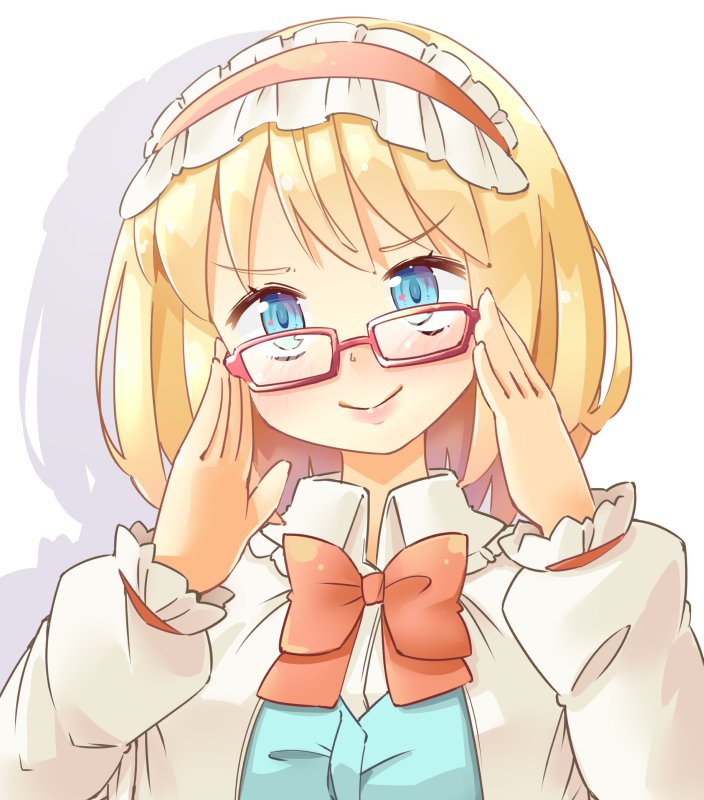 1girl adjusting_eyewear alice_margatroid arnest bangs bespectacled blonde_hair blue_eyes blush bow bowtie capelet drop_shadow eyebrows_visible_through_hair frilled_hairband frilled_shirt_collar frills glasses hairband hands_up head_tilt lolita_hairband long_sleeves looking_at_viewer pink_lips puffy_sleeves red-framed_eyewear red_bow red_hairband red_neckwear shirt short_hair simple_background smile solo touhou upper_body white_background white_capelet white_shirt wing_collar