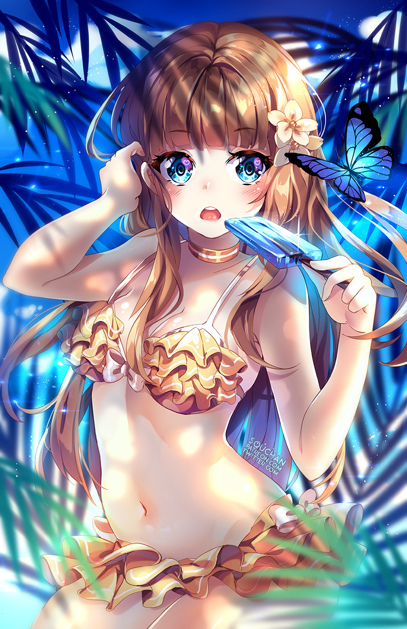 1girl :o artist_name bare_arms bare_shoulders bikini bikini_skirt blue_eyes blue_sky blurry blurry_background blurry_foreground blush breasts brown_hair bug butterfly choker cleavage clouds cowboy_shot day depth_of_field flower food frilled_bikini frills hair_flower hair_ornament hands_up heart highres holding holding_food insect light_particles long_hair looking_at_viewer medium_breasts navel open_mouth orange_bikini orange_choker original palm_leaf popsicle sky solo squchan standing stomach sunlight swimsuit tree_shade white_flower