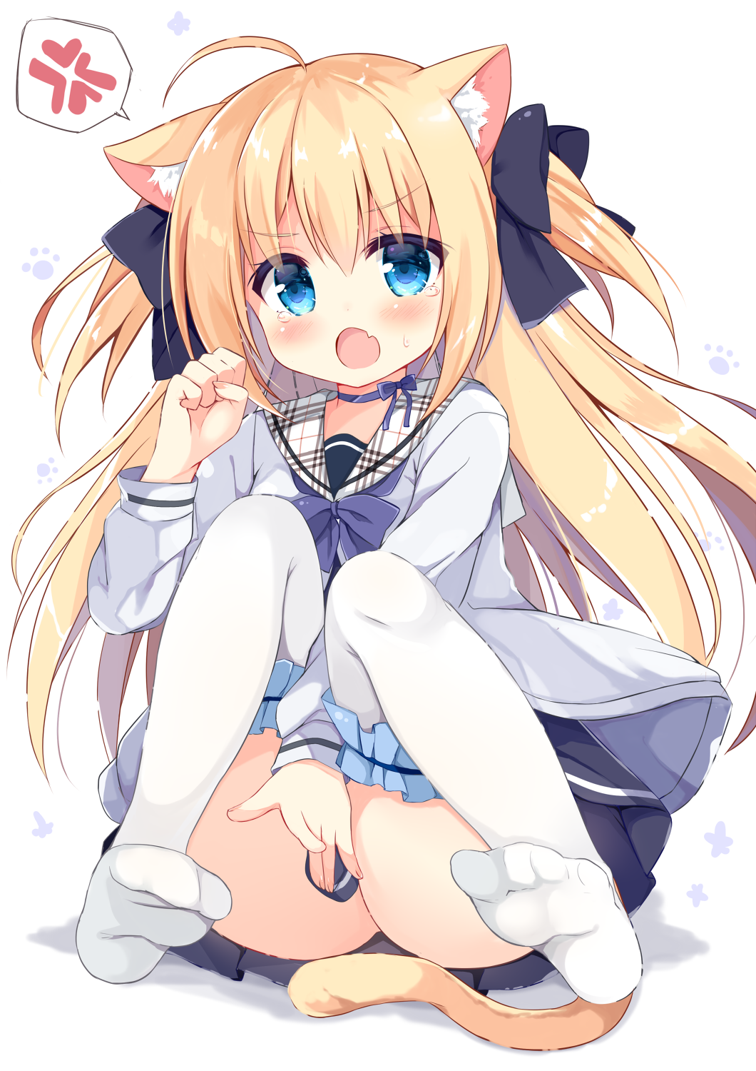 !! 1girl :o ahoge anger_vein animal_ear_fluff animal_ears ass bangs between_legs black_bow black_dress blonde_hair blue_eyes blush bow cat_ears cat_girl cat_tail choker dress eyebrows_visible_through_hair fang fingernails frilled_legwear full_body grey_jacket hair_between_eyes hair_bow hand_between_legs hand_up highres jacket kujou_danbo long_hair long_sleeves looking_at_viewer md5_mismatch no_shoes open_clothes open_jacket open_mouth original plaid_sailor_collar purple_choker ribbon_choker sailor_collar sailor_dress shadow sleeves_past_wrists soles solo spoken_anger_vein sweat tail tears thigh-highs two_side_up very_long_hair white_background white_legwear