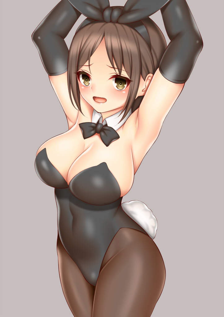 1girl animal_ears armpits arms_up black_gloves black_legwear black_leotard black_neckwear bow bowtie breasts brown_eyes brown_hair bunny_girl bunny_tail bunnysuit cleavage cowboy_shot detached_collar elbow_gloves gloves grey_background large_breasts leotard open_mouth original pantyhose rabbit_ears short_hair simple_background solo strapless strapless_leotard tail toshishikisai