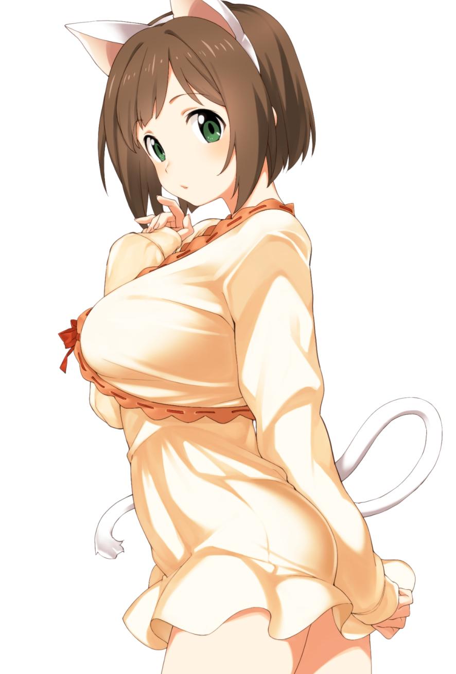 1girl animal_ears arm_behind_back bangs beige_dress between_buttocks blush bob_cut breasts brown_hair cat_ears cat_tail cowboy_shot dress fake_animal_ears fake_tail from_side green_eyes hand_up hatakenaka_(kamagabuchi) highres idolmaster idolmaster_cinderella_girls large_breasts long_sleeves looking_at_viewer maekawa_miku short_dress short_hair sleeves_past_wrists solo tail white_background