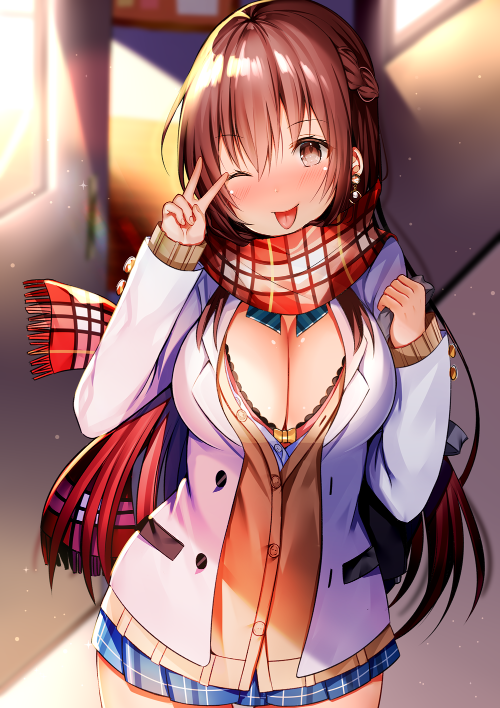 1girl aozora_nan blazer blue_skirt blurry blurry_background blush bra braid breasts brown_cardigan brown_eyes brown_hair buttons cleavage closed_mouth cowboy_shot day depth_of_field earrings french_braid fringe_trim hands_up highres indoors jacket jewelry lace_trim large_breasts light_particles long_hair long_sleeves looking_at_viewer miniskirt moe2019 one_eye_closed open_clothes open_jacket original pink_bra plaid plaid_scarf plaid_skirt pleated_skirt red_scarf scarf school_uniform shirt sidelocks skirt smile solo standing tongue tongue_out undershirt underwear v white_jacket white_shirt wing_collar