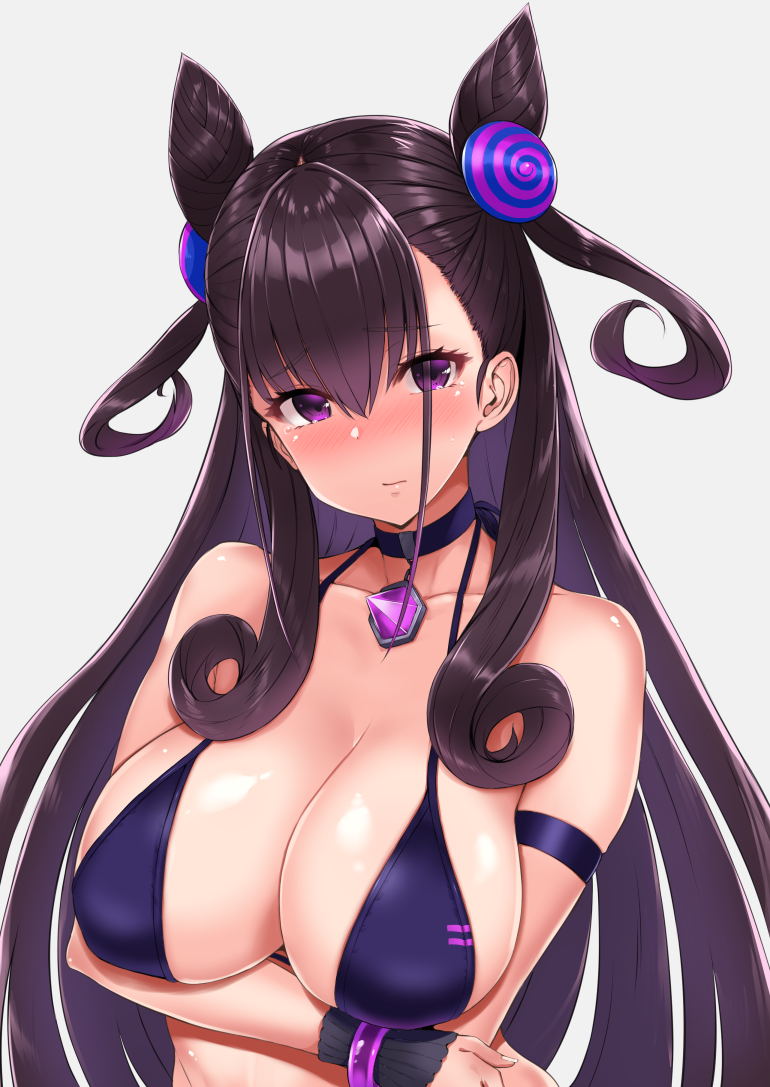 1girl arm_under_breasts armband bangs bare_shoulders black_bikini_top blush bracelet breasts brown_hair choker cleavage closed_mouth fate/grand_order fate_(series) hair_between_eyes hair_ornament jewelry large_breasts long_hair looking_at_viewer mitsukazu_(nijigen_complex) murasaki_shikibu_(fate) pendant simple_background solo two_side_up upper_body very_long_hair violet_eyes white_background