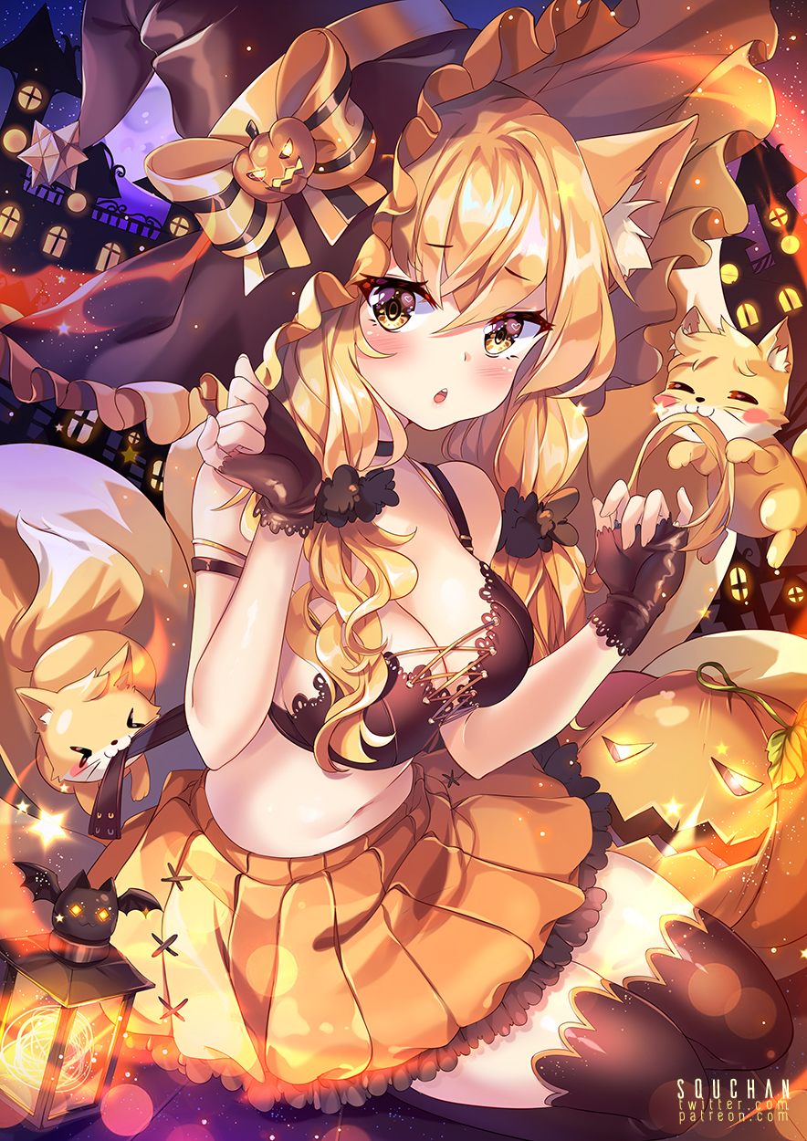 1girl :3 :o =_= animal_ear_fluff animal_ears artist_name bare_shoulders bat black_bra black_choker black_gloves black_hat black_legwear blonde_hair blush bra breasts building choker cleavage creature fingerless_gloves food fox_ears fox_girl fox_tail fruit full_moon gloves hair_ornament hair_scrunchie halloween halloween_costume hands_up hat hat_ribbon highres jack-o'-lantern kawaii_nihongo kitsune lamp large_breasts light_particles long_hair looking_at_viewer miniskirt moon navel night no_shirt orange orange_ribbon orange_skirt outdoors parted_lips pleated_skirt ribbon riko_(kawaii_nihongo) scrunchie seiza sitting skirt sky solo squchan star_(sky) starry_sky stomach strap_slip tail thigh-highs underwear window witch_hat yellow_eyes zettai_ryouiki