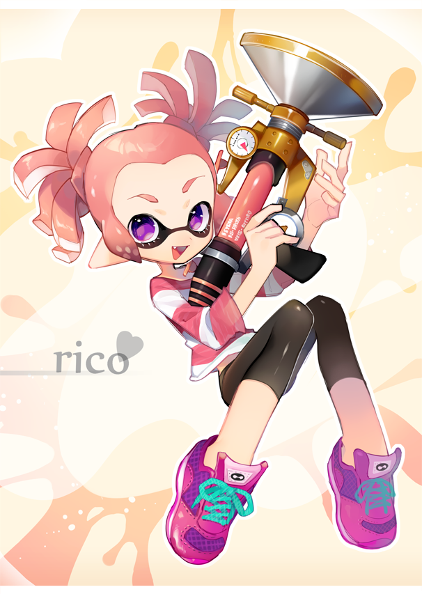 1girl :d black_pants domino_mask fang full_body heart holding inkling long_sleeves looking_at_viewer mask o_(maru14mori) open_mouth pants pink_footwear pink_hair pointy_ears shirt shoelaces shoes short_hair smile sneakers solo splatoon splatoon_(series) splatoon_2 sploosh-o-matic_(splatoon) striped striped_shirt tentacle_hair twintails violet_eyes