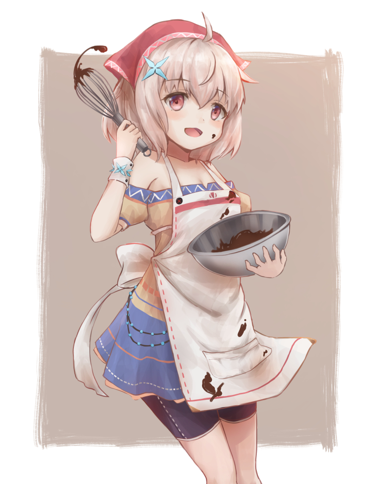 1girl ahoge aoyuki apron blush bowl dress food food_on_face hair_ornament holding holding_bowl leaf_(sennen_sensou_aigis) light_brown_hair mixing_bowl red_eyes sennen_sensou_aigis short_hair shorts smile solo standing whisk wrist_cuffs x_hair_ornament