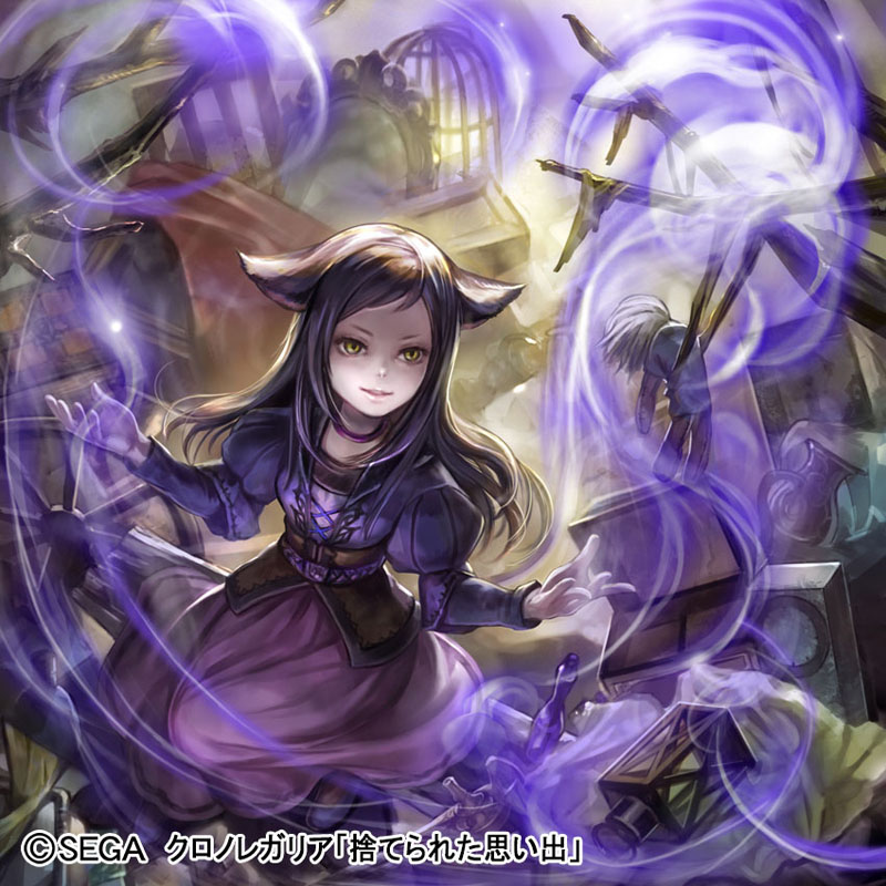 1girl animal_ears birdcage black_hair brown_eyes cage chair choker chrono_regalia company_name doll kageco lantern long_hair long_sleeves looking_at_viewer magic official_art puffy_long_sleeves puffy_sleeves sitting smile solo standing wheel