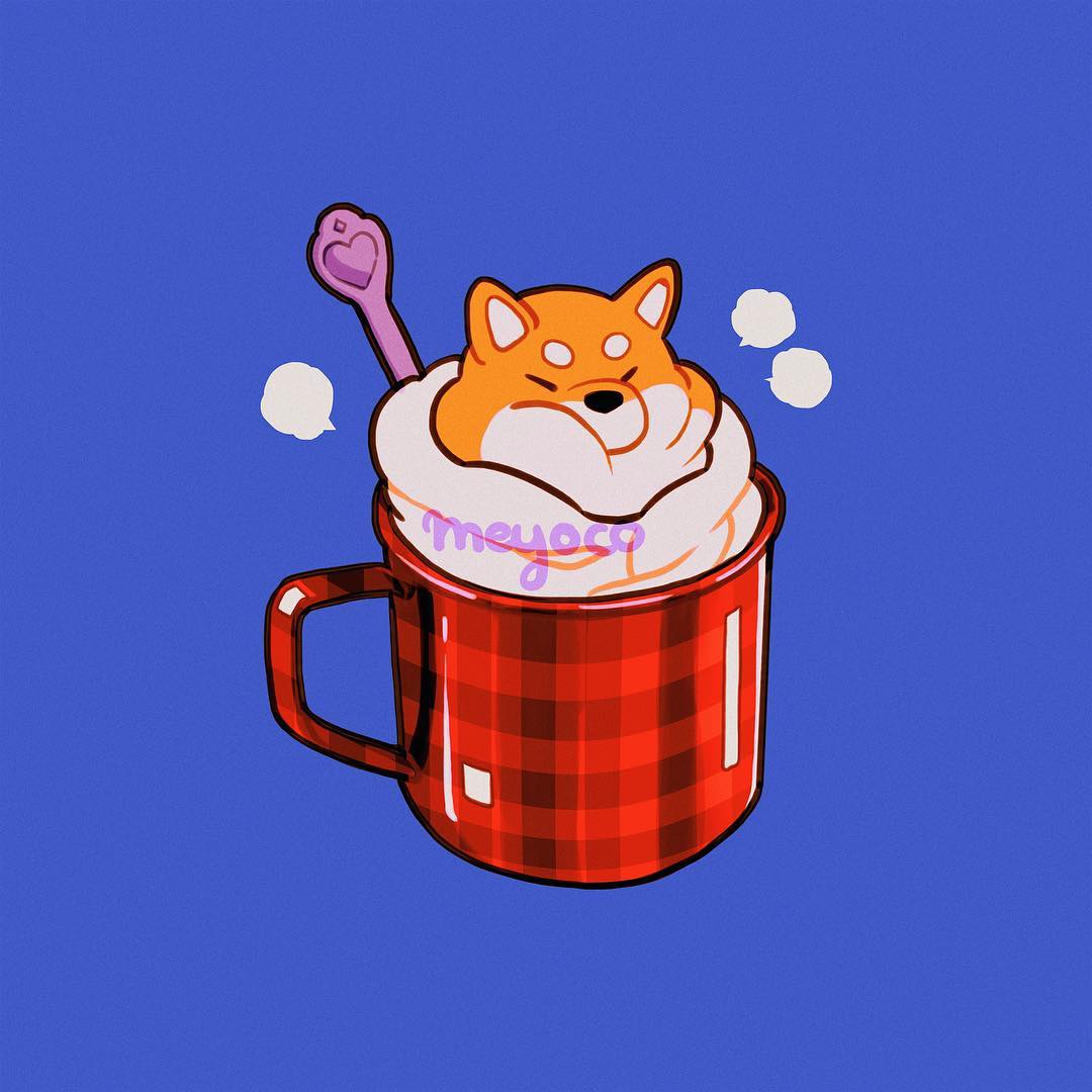 animal artist_name blue_background cup dog drink heart meyoco mug no_humans original plaid shiba_inu shiny simple_background