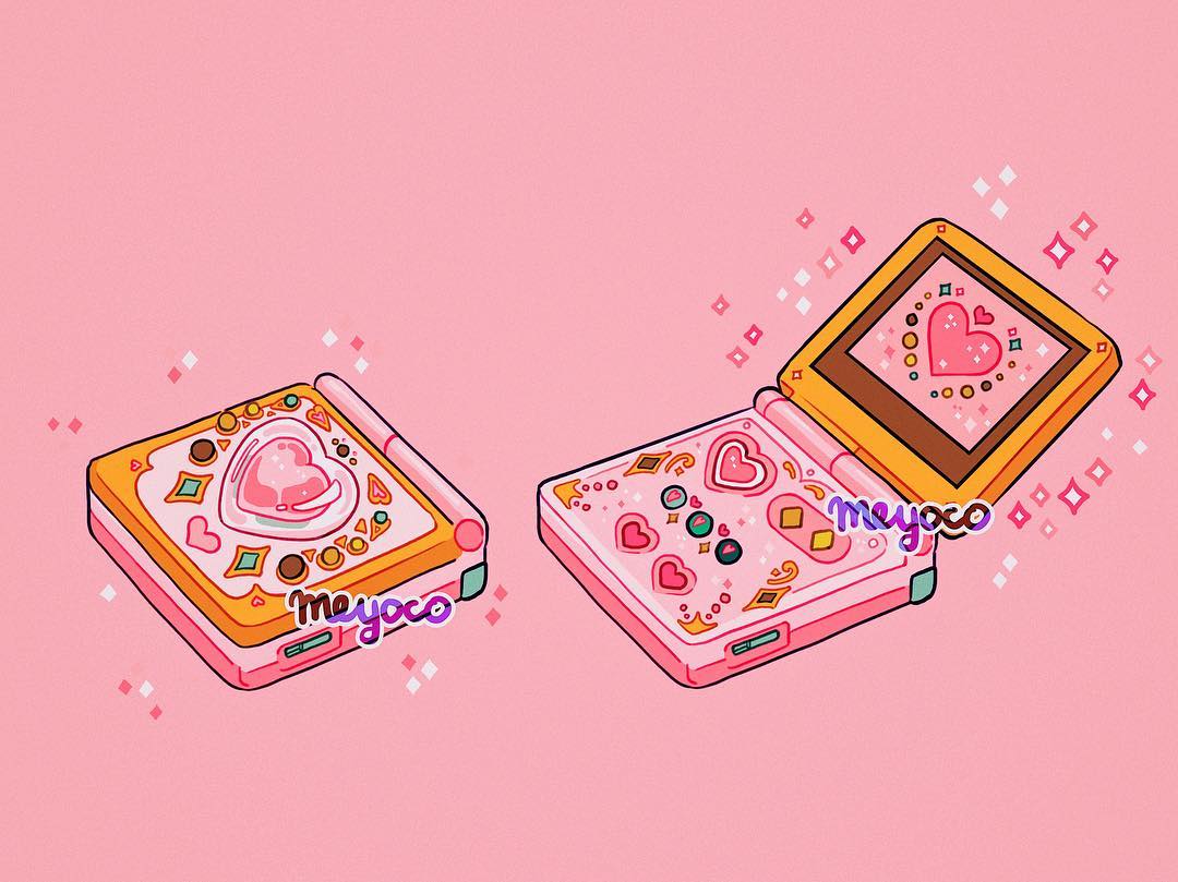 artist_name buttons game_boy_advance_sp handheld_game_console heart meyoco no_humans original pink_background screen simple_background sparkle