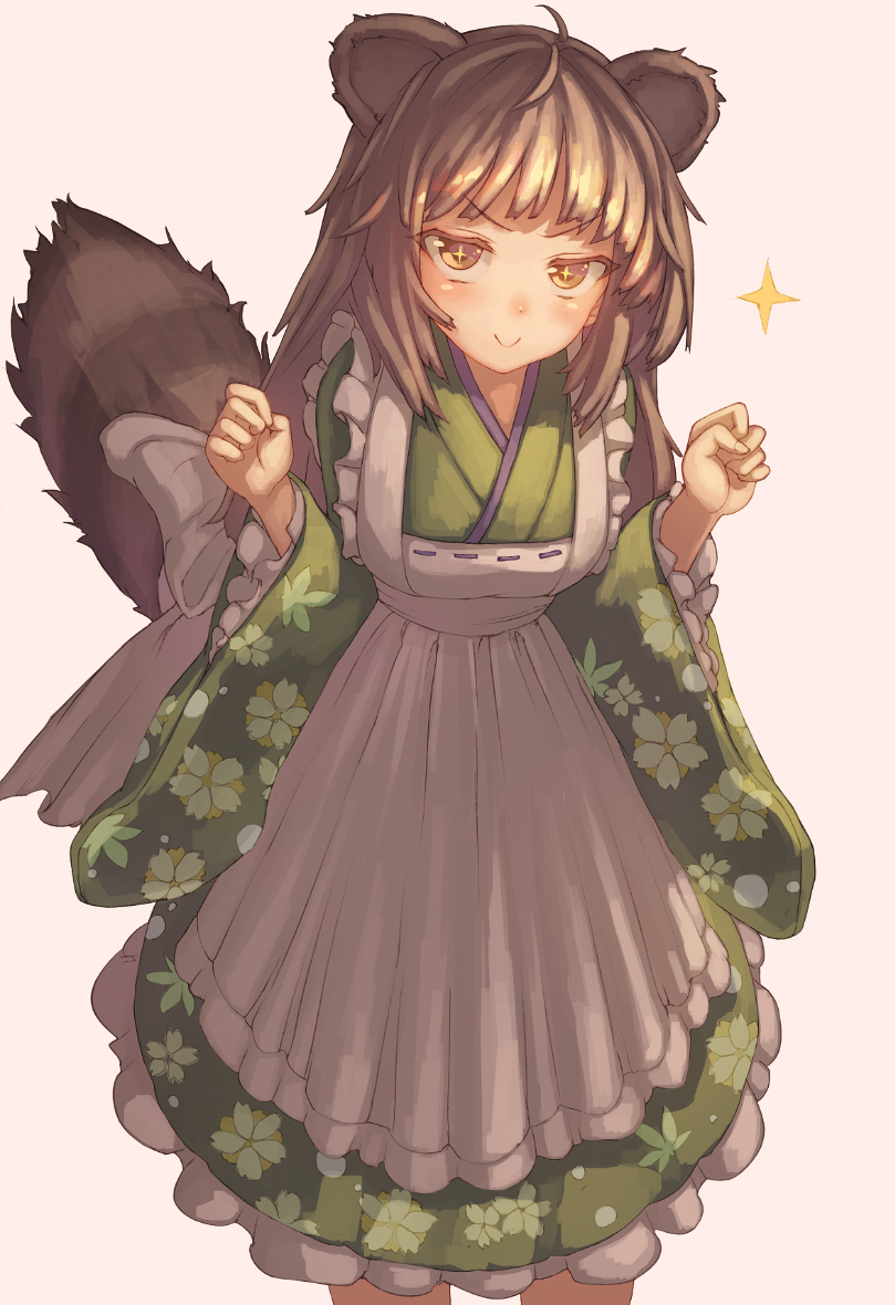 +_+ 1girl ahoge animal_ears apron arms_at_sides arms_up bangs blush brown_hair commentary_request dot_nose dress feet_out_of_frame floral_print green_dress green_kimono japanese_clothes kimono lolita_fashion long_hair long_sleeves looking_at_viewer original osabachan raccoon_ears raccoon_tail smile solo sparkle sparkling_eyes standing tail v-shaped_eyebrows w_arms wa_lolita wide_sleeves yellow_eyes