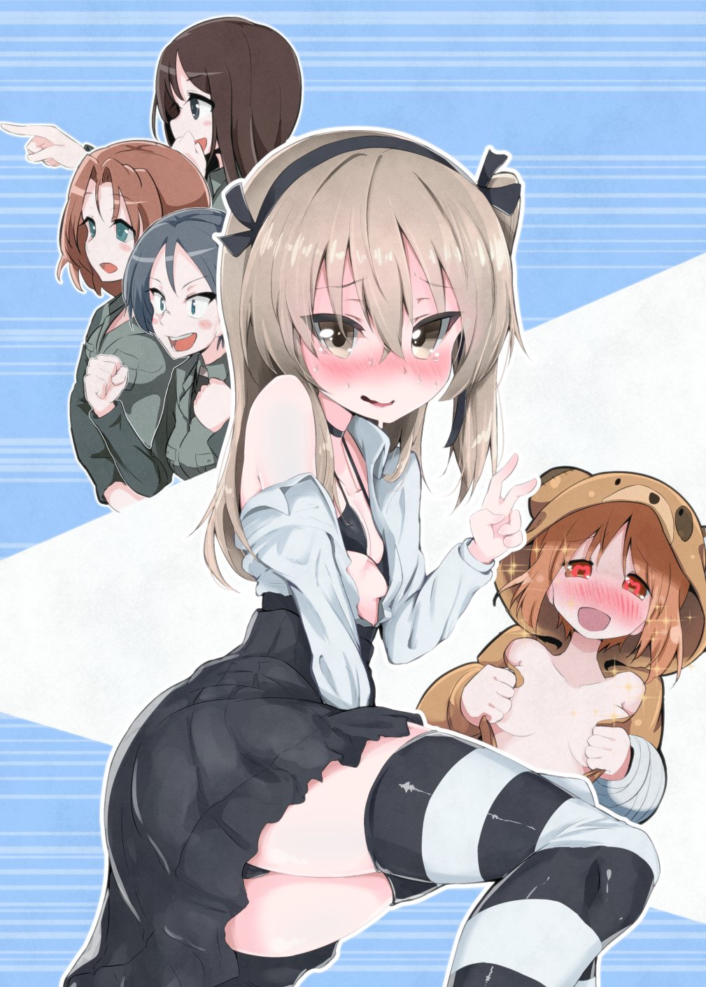 5girls :d alternate_eye_color animal_costume azumi_(girls_und_panzer) bandage bangs bear_costume bear_hood black_bikini_top black_choker black_eyes black_hair black_legwear black_panties black_skirt blue_eyes blush blush_stickers boko_(girls_und_panzer) breasts brown_hair brown_jumpsuit casual choker clenched_hands collared_shirt commentary_request eyebrows_visible_through_hair female_pervert gaijin_4koma girls_und_panzer glasses grey_eyes grey_hair half-closed_eyes heart heart-shaped_pupils high-waist_skirt highres layered_skirt legs light_brown_eyes light_brown_hair long_hair long_sleeves looking_at_another looking_at_viewer lying medium_breasts megumi_(girls_und_panzer) meme miniskirt multiple_girls nishizumi_miho no_bra not_on_shana off_shoulder on_side open_jumpsuit open_mouth opened_by_self panties pantyshot pantyshot_(sitting) parted_bangs pervert pointing red_eyes rumi_(girls_und_panzer) shimada_arisu shirt short_hair side_ponytail sitting skindentation skirt small_breasts smile sparkle standing striped striped_legwear sweat swept_bangs symbol-shaped_pupils tearing_up thigh-highs underwear v wavy_hair white_shirt