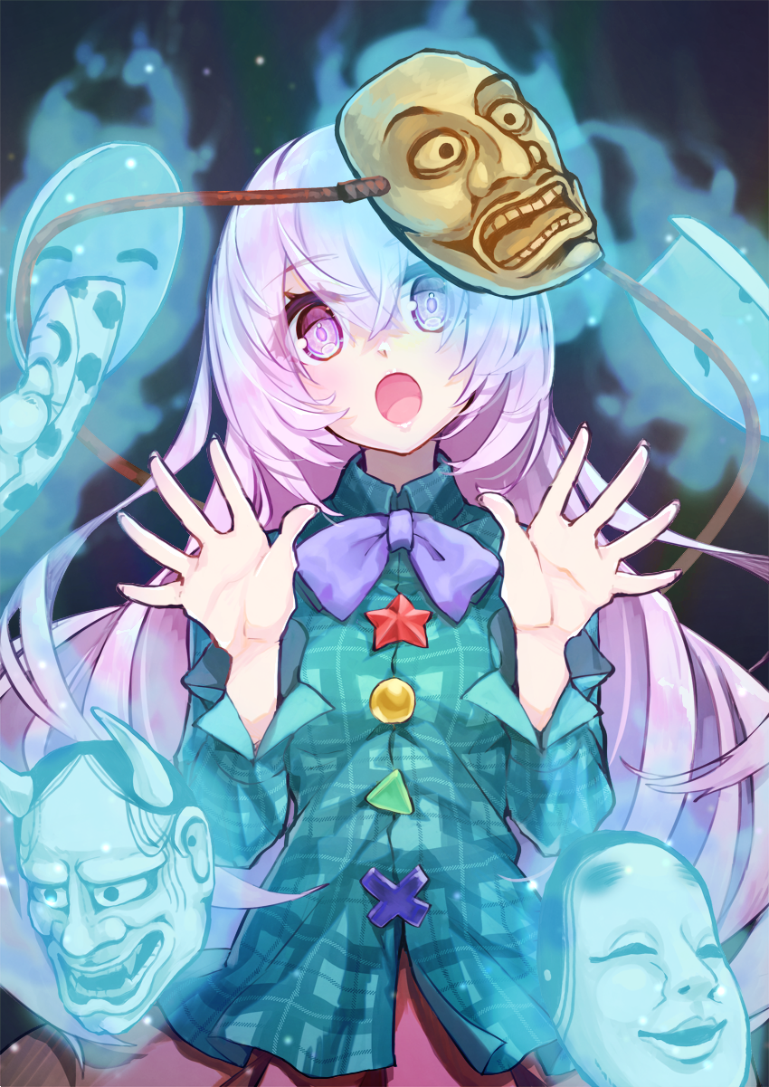 1girl :o arms_up aura blue_background blue_neckwear blue_shirt bow bowtie commentary_request eyebrows_visible_through_hair glowing hair_between_eyes hannya hata_no_kokoro head_tilt highres lavender_hair long_hair long_sleeves looking_at_viewer mask noh_mask open_hands open_mouth pink_hair pink_skirt plaid plaid_shirt shirt skirt solo standing star syuri22 touhou triangle untucked_shirt upper_body very_long_hair x