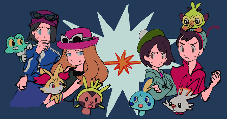 2boys 2girls black_hair blue_eyes blue_jacket bob_cut brown_eyes brown_hair calme_(pokemon) chespin clenched_hand creatures_(company) crossed_arms eyewear_on_headwear female_protagonist_(pokemon_swsh) fennekin froakie game_freak gen_6_pokemon gen_8_pokemon grookey jacket long_hair male_protagonist_(pokemon_swsh) mangoshake multiple_boys multiple_girls nintendo pokemon pokemon_(creature) pokemon_(game) pokemon_on_head pokemon_swsh pokemon_xy pom_pom_(clothes) scorbunny serena_(pokemon) short_hair sobble sunglasses