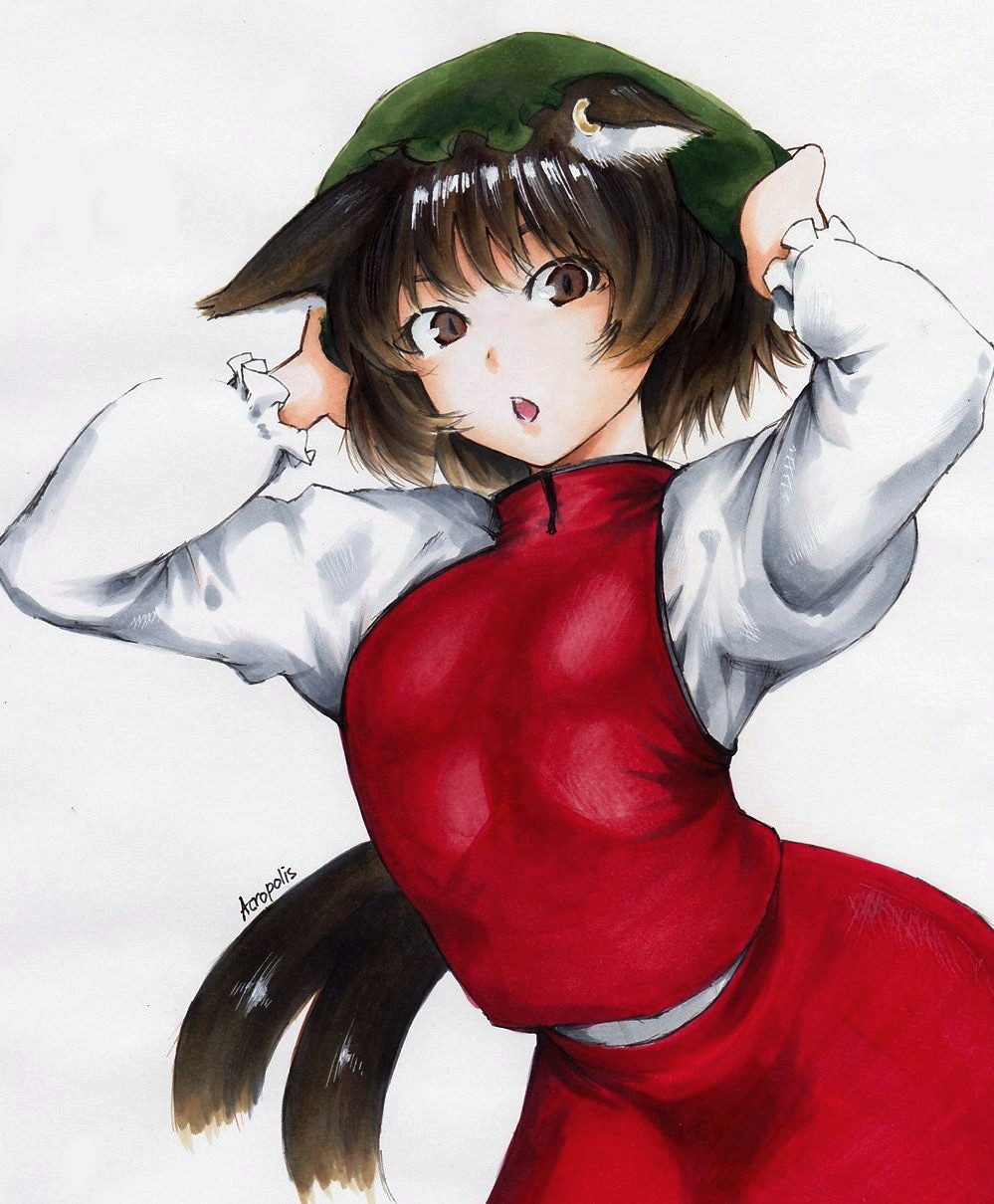 1girl akuroporisu animal_ears bangs brown_eyes brown_hair cat_ears cat_tail chen cowboy_shot frilled_sleeves frills green_hat grey_background hat highres jewelry long_sleeves looking_at_viewer mob_cap multiple_tails nekomata open_mouth puffy_long_sleeves puffy_sleeves red_skirt red_vest shirt short_hair signature simple_background single_earring skirt solo tail touhou two_tails vest white_shirt