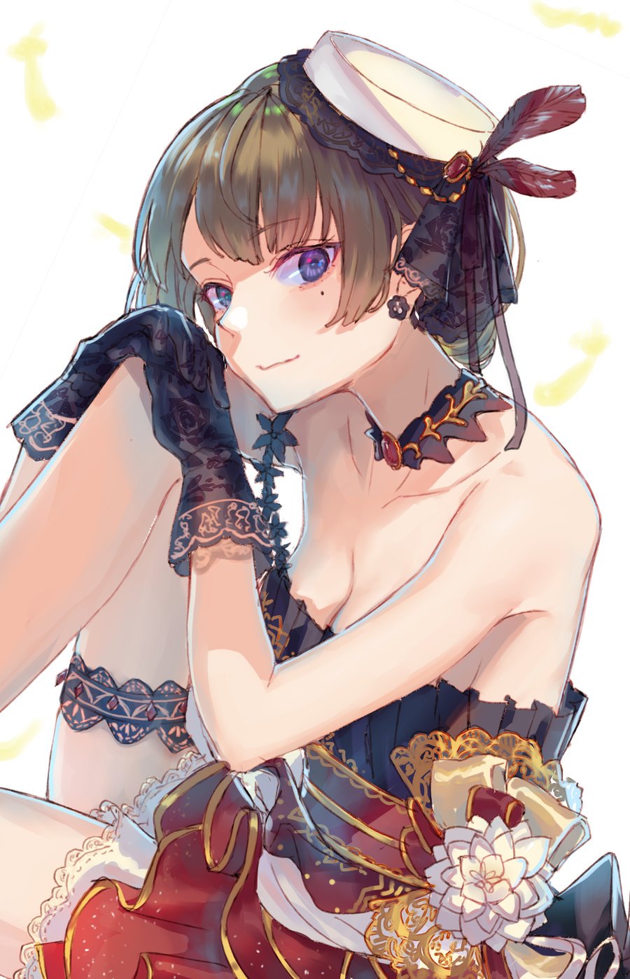 1girl black_gloves blue_eyes breasts brown_hair choker cleavage collarbone eyebrows_visible_through_hair feathers floral_print flower gloves hair_feathers hands_on_own_knees hat highres idolmaster idolmaster_cinderella_girls idolmaster_cinderella_girls_starlight_stage layered_skirt miniskirt mole mole_under_eye red_skirt roki_(0214278) short_hair sideboob simple_background skirt small_breasts smile solo strapless takagaki_kaede thigh_strap white_background white_flower white_hat