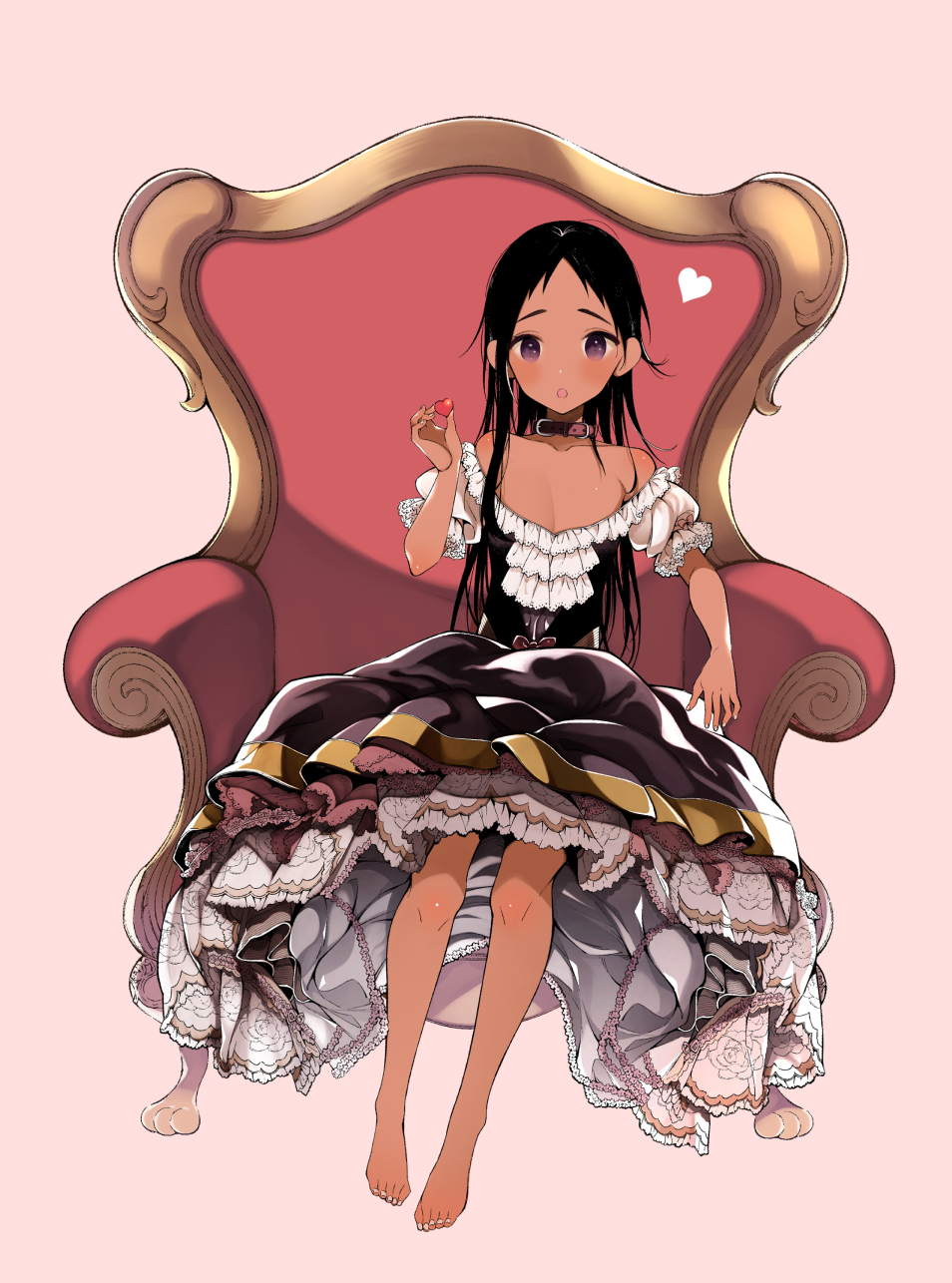 1boy bangs bare_legs bare_shoulders belt_collar black_hair black_skirt chair collar commentary dress flat_chest frilled_dress frilled_skirt frilled_sleeves frills heart highres holding_heart lace lace-trimmed_dress lace-trimmed_skirt long_hair looking_at_viewer multicolored multicolored_clothes multicolored_skirt nail_polish off-shoulder_dress off_shoulder open_mouth original parted_bangs petticoat pink_background puffy_short_sleeves puffy_sleeves sakiyo_cake short_sleeves simple_background single_sidelock sitting skirt solo trap very_long_hair violet_eyes