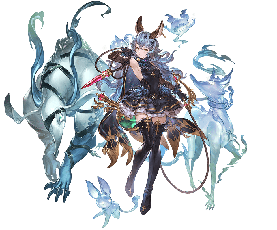 1girl alpha_transparency animal_ears armpits bangs bare_shoulders black_footwear black_gloves black_skirt blue_hair blush boots breasts brown_eyes closed_mouth dress earrings elbow_gloves erune ferry_(granblue_fantasy) full_body ghost gloves granblue_fantasy hair_ornament holding holding_weapon hoop_earrings jewelry long_hair looking_at_viewer medium_breasts minaba_hideo official_art rabbit_ears sideboob simple_background single_earring skirt sleeveless smile solo thigh-highs thigh_boots transparent_background wavy_hair weapon whip x_hair_ornament zettai_ryouiki