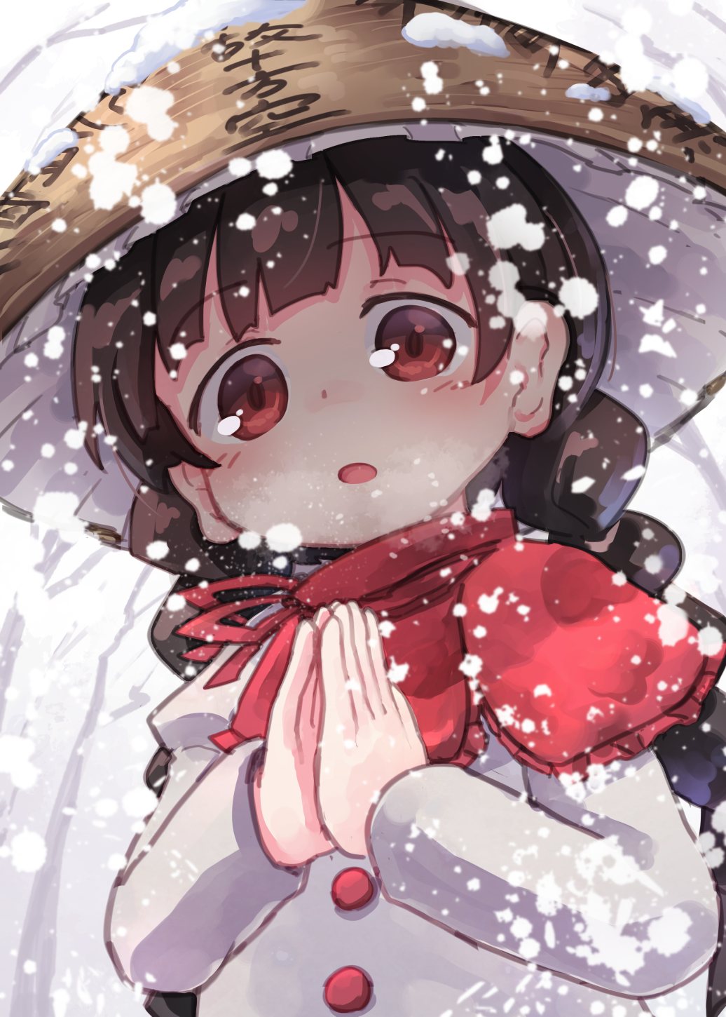 1girl ajirogasa blush braid brown_hair brown_hat commentary_request dress dutch_angle earlobes grey_dress hands_together hat highres juliet_sleeves kibisake long_hair long_sleeves looking_at_viewer low_twintails own_hands_together palms_together parted_lips puffy_sleeves red_eyes snowing solo touhou twin_braids twintails upper_body yatadera_narumi