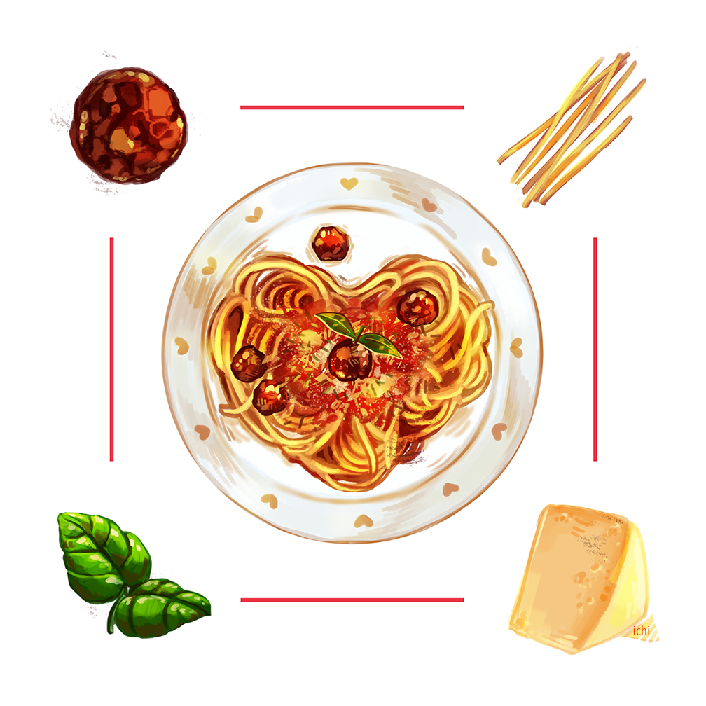 cheese food heart heart-shaped_food ichiknees leaf meatball no_humans noodles original pasta plate spaghetti spaghetti_and_meatballs