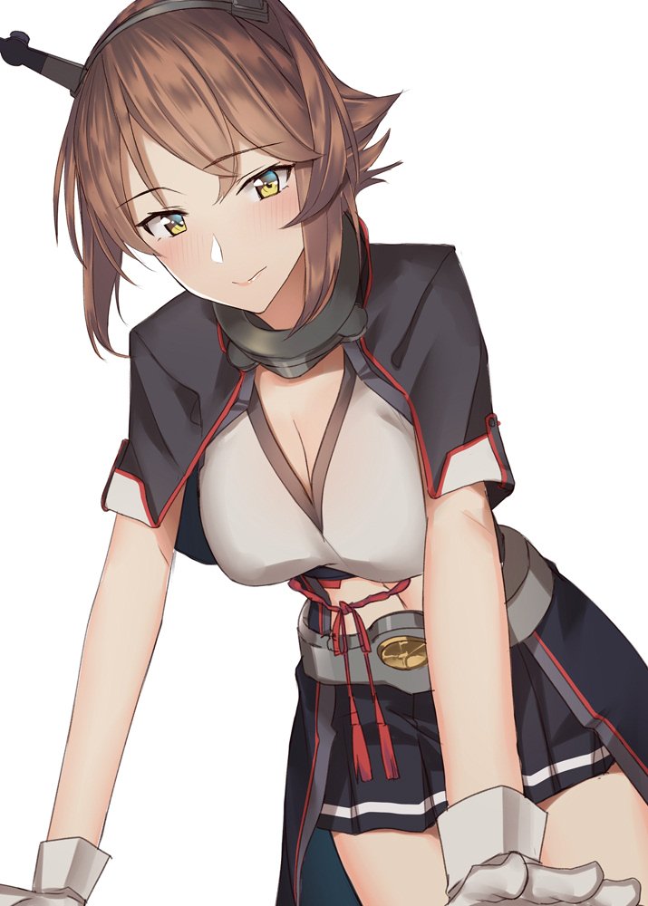 1girl black_capelet black_jacket black_skirt blush breasts brown_hair capelet cleavage closed_mouth collar gloves green_eyes headgear jacket kantai_collection large_breasts leaning_forward looking_at_viewer metal_belt mutsu_(kantai_collection) navel open_clothes open_jacket pallad pleated_skirt remodel_(kantai_collection) short_hair simple_background skirt smile solo white_background white_gloves