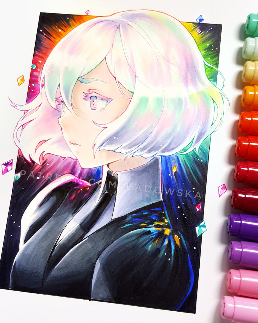 1other black_neckwear colored_eyelashes diamond_(houseki_no_kuni) gem_uniform_(houseki_no_kuni) houseki_no_kuni joanna_ladowska multicolored multicolored_eyes multicolored_hair parted_lips patreon_username photo portrait rainbow_eyes rainbow_hair short_hair solo traditional_media watermark web_address