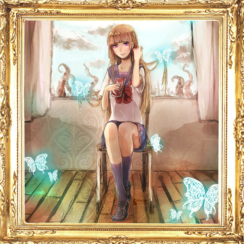 1girl bangs blue_legwear blue_sailor_collar blue_skirt blunt_bangs blush bow bowtie brown_footwear brown_hair bug butterfly collarbone curtains dated floating_hair full_body fuwa_aika hand_in_hair holding insect kneehighs loafers long_hair looking_at_viewer miniskirt nyarotyn pleated_skirt red_bow red_neckwear sailor_collar school_uniform shirt shoes short_sleeves signature sitting skirt smile solo very_long_hair violet_eyes white_shirt wooden_floor zetsuen_no_tempest