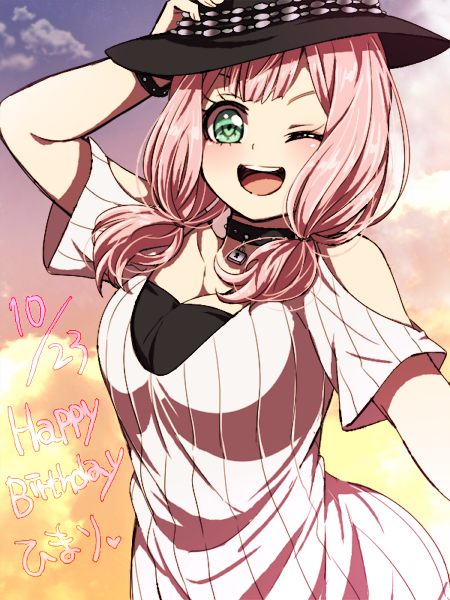 1girl ;d akasata bang_dream! bangs black_collar black_hat bracelet breasts character_name cleavage collar dated dress green_eyes hand_on_headwear happy_birthday hat jewelry long_hair looking_at_viewer low_twintails one_eye_closed open_mouth padlocked_collar pink_hair ribbed_dress short_sleeves shoulder_cutout smile solo studded_bracelet studded_collar sunset twintails uehara_himari upper_body white_dress