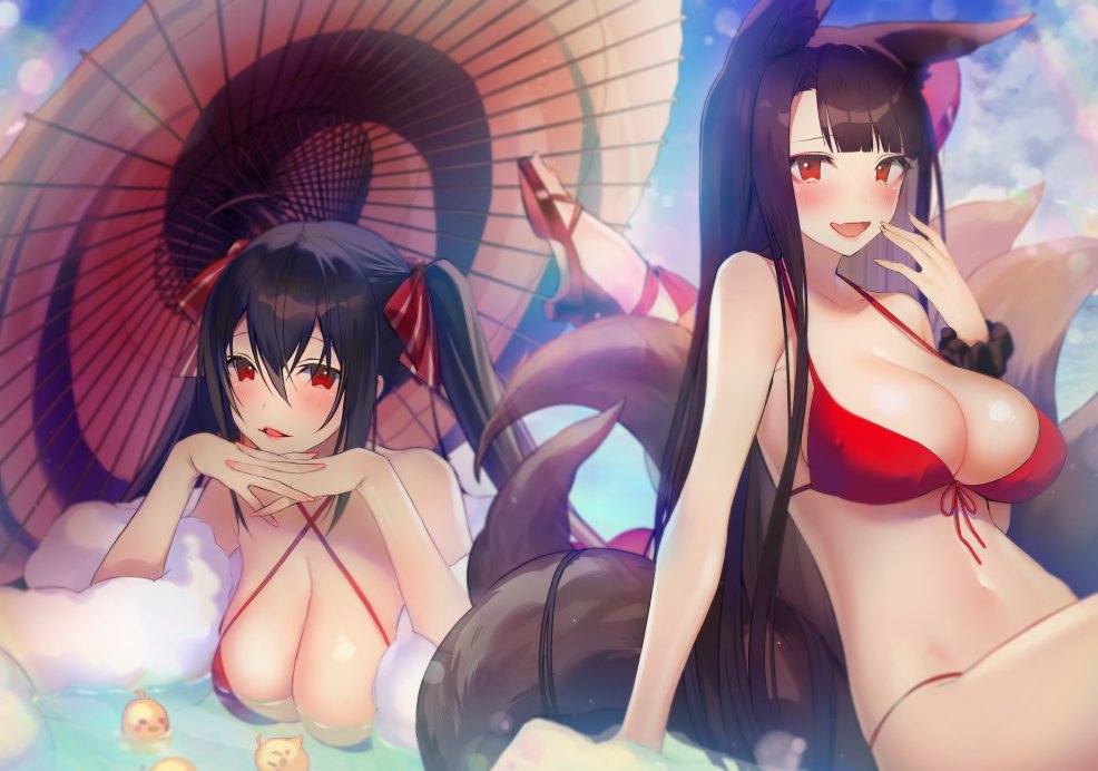 2girls :d ahoge akagi_(azur_lane) animal_ears ankle_ribbon arm_support azur_lane bangs bikini black_hair blunt_bangs blurry blush breasts cleavage criss-cross_halter depth_of_field fox_ears fox_tail front-tie_bikini front-tie_top halterneck hanging_breasts high_heels huge_breasts interlocked_fingers large_breasts leaning_back long_hair looking_at_viewer lying multiple_girls multiple_tails nail_polish open_mouth oriental_umbrella own_hands_together red_bikini red_eyes ribbon shirako_sei sidelocks sitting smile string_bikini swimsuit taihou_(azur_lane) tail umbrella very_long_hair