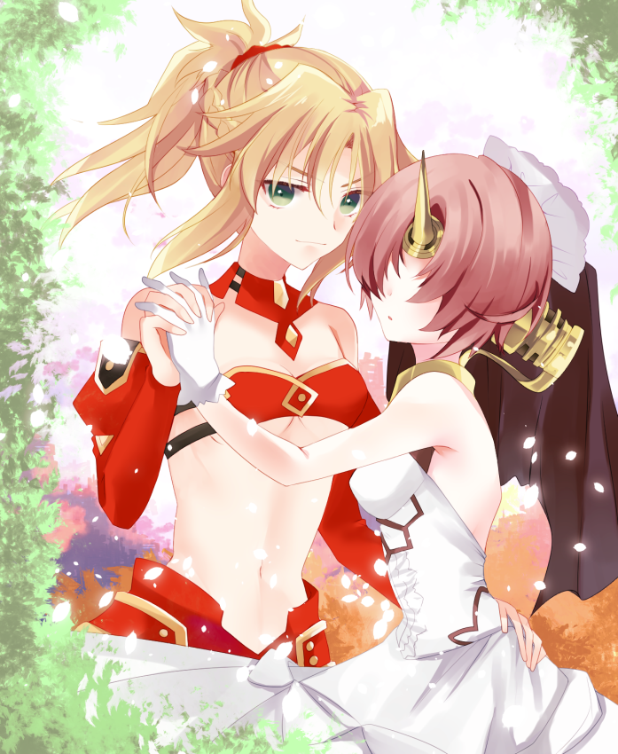 2girls bare_arms bare_shoulders blonde_hair bra braid breasts commentary_request day detached_sleeves dress eyebrows_visible_through_hair fate/apocrypha fate_(series) frankenstein's_monster_(fate) gloves green_eyes hair_between_eyes hair_ornament hair_over_eyes hair_scrunchie hand_holding headgear horn leaf looking_at_viewer medium_breasts medium_hair mordred_(fate) mordred_(fate)_(all) multiple_girls navel outdoors pink_hair ponytail qi_feng red_scrunchie red_sleeves scrunchie short_hair smile solo strapless underwear white_dress white_gloves yuri