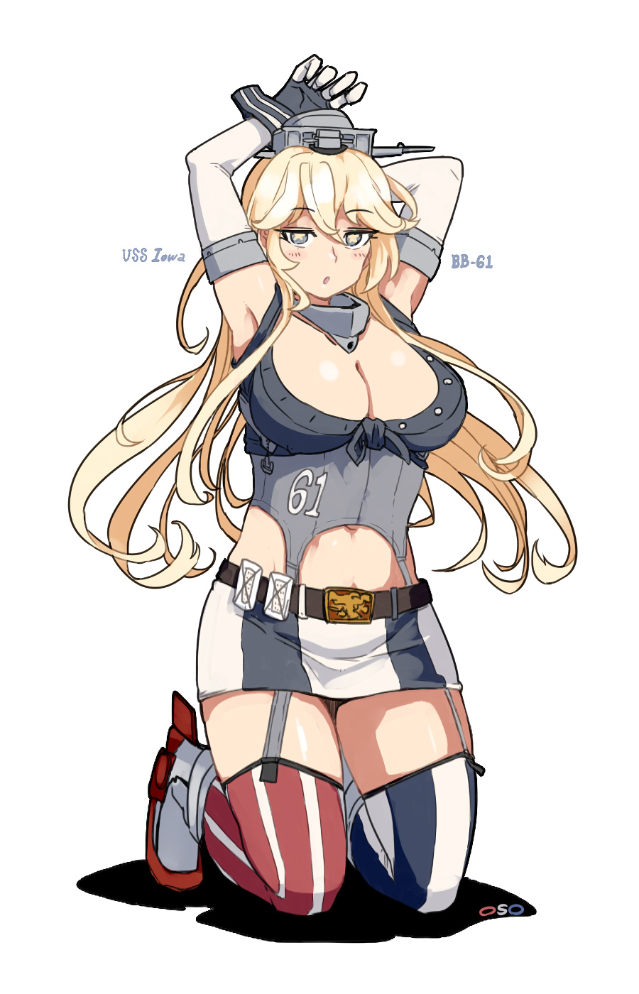 1girl armpits arms_up blonde_hair blue_eyes breasts character_name cleavage commentary_request elbow_gloves fingerless_gloves front-tie_top garter_straps gloves headgear highres iowa_(kantai_collection) kantai_collection kneeling large_breasts looking_at_viewer miniskirt mismatched_legwear oso_(toolate) skirt solo star star-shaped_pupils striped striped_legwear symbol-shaped_pupils thigh-highs thighs vertical-striped_legwear vertical_stripes