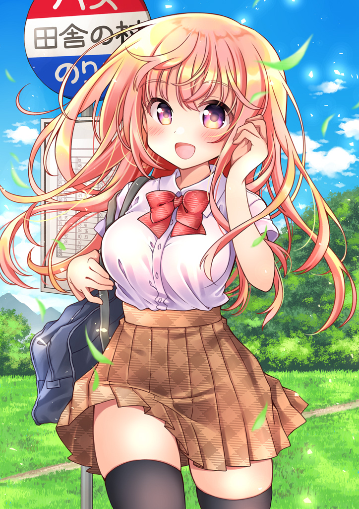 1girl :d argyle bag black_legwear blonde_hair blue_sky blush bow bowtie breasts brown_skirt bus_stop buttons clouds collared_shirt commentary_request cowboy_shot day dress_shirt floating_hair grass hand_up high-waist_skirt kawanobe leaves_in_wind long_hair looking_at_viewer medium_breasts moe2019 nature open_mouth original outdoors pleated_skirt red_neckwear rural school_bag school_uniform shirt shirt_tucked_in short_sleeves skirt sky smile solo standing thigh-highs tree violet_eyes white_shirt zettai_ryouiki