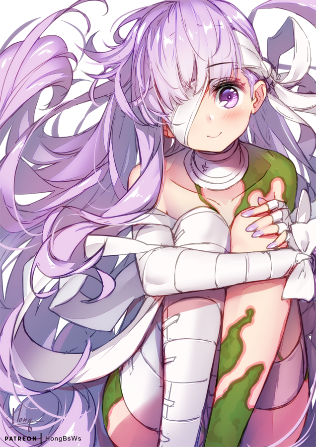 1girl bandage bandage_over_one_eye bandaged_arm bandaged_head bandages bangs blush closed_mouth collarbone eyebrows_visible_through_hair fate/grand_order fate_(series) hair_over_one_eye hong_(white_spider) kingprotea leg_hug long_hair looking_at_viewer moss nail_polish one_eye_covered purple_hair purple_nails simple_background sitting smile solo very_long_hair violet_eyes white_background