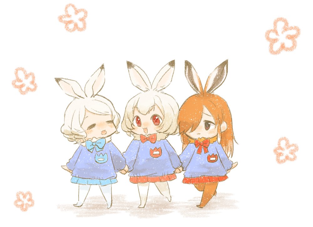 3girls :3 adapted_costume animal_ears arctic_hare_(kemono_friends) blush bow bowtie brown_eyes brown_hair child closed_eyes commentary_request curly_hair european_hare_(kemono_friends) eyebrows_visible_through_hair fur_collar hair_over_one_eye kemono_friends kindergarten_uniform long_hair long_sleeves moeki_(moeki0329) mountain_hare_(kemono_friends) multicolored_hair multiple_girls name_tag nose_blush open_mouth pantyhose pleated_skirt rabbit_ears red_eyes short_hair skirt white_hair younger