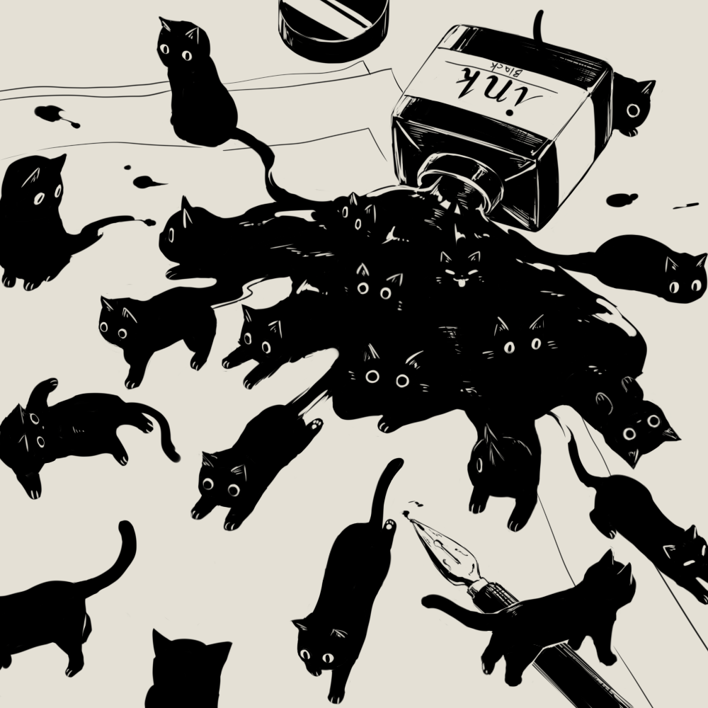 animal avogado6 black_cat blending bottle cat cat_focus commentary english_commentary fountain_pen greyscale ink ink_bottle monochrome no_humans original paper pen spill surreal too_many too_many_cats