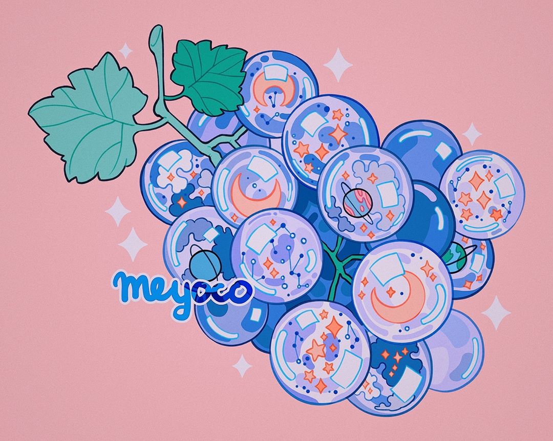 artist_name clouds constellation crescent_moon food fruit grapes leaf meyoco moon no_humans original pink_background saturn simple_background sparkle star