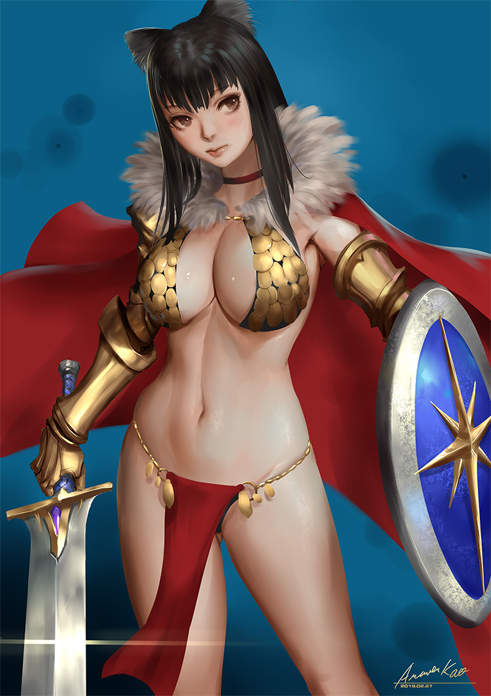 animal_ears ariverkao armor bangs bikini bikini_armor black_hair black_panties blue_background breasts brown_eyes cape choker closed_mouth dated eyebrows_visible_through_hair feather_trim gauntlets large_breasts lips long_hair looking_to_the_side original panties pelvic_curtain shield signature simple_background standing swimsuit sword underwear weapon